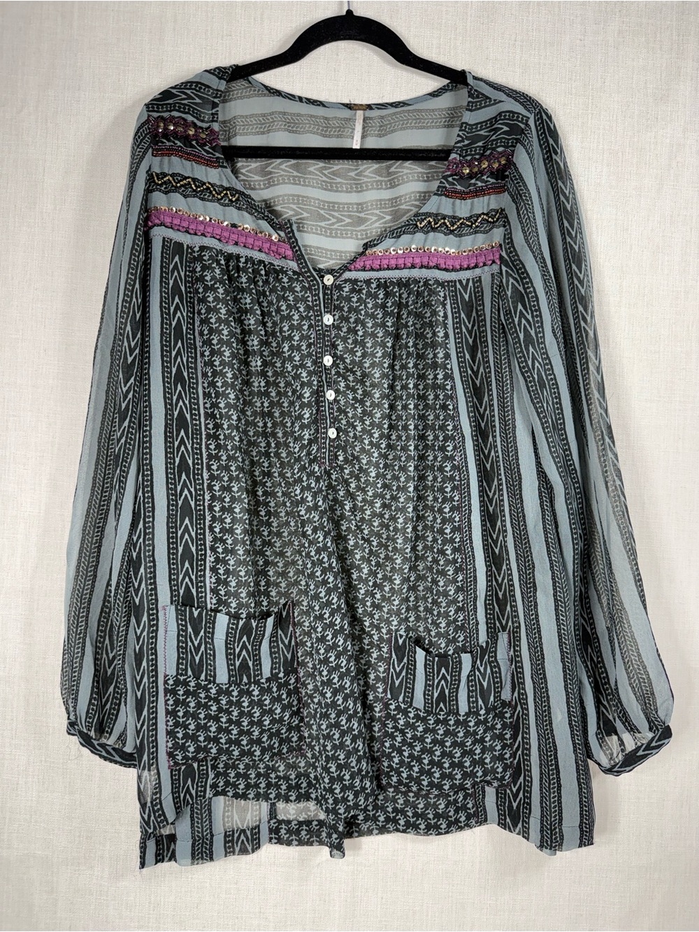 Free People Light Gray Striped Boho Tunic with Pink Trim